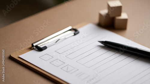 Checklist on clipboard with pen and blocks
