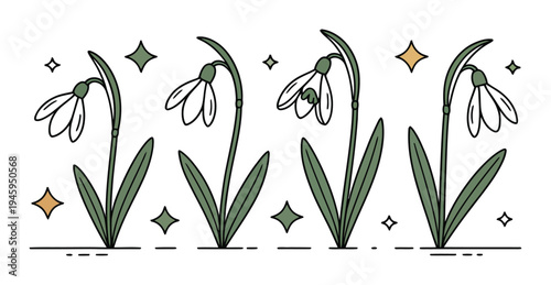 Snowdrops Vector Illustration with Sparkles and Leaves