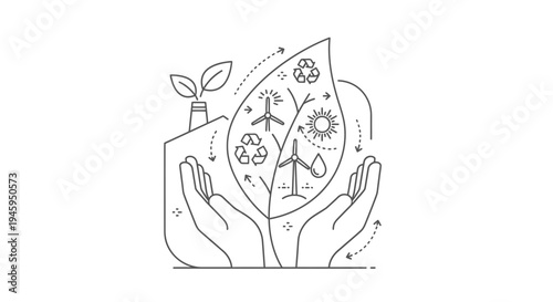 Two cupped hands gently cradle a large leaf containing icons representing renewable energy sources and environmental sustainability concepts against a white background.