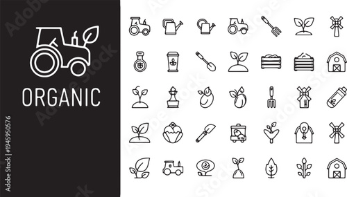 Organic farming icons set with tractor leaf and eco friendly symbols for sustainable agriculture and natural food production