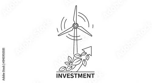 Wind turbine rotates above growing leaves and an upward trending arrow labeled investment illustrating sustainable energy financial commitment.