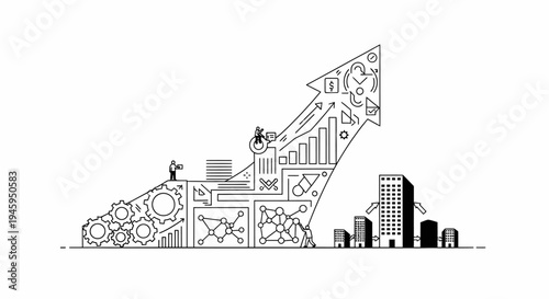 Businesspeople navigate complex ascending chart structure filled with gears and data visualizations toward urban growth and success.