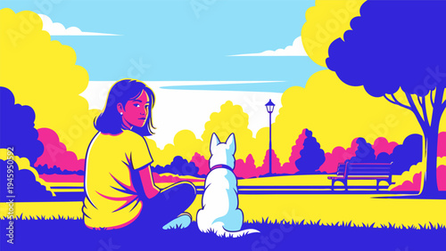A Young Woman And Her White Dog Sitting In A Park On A Sunny Day, A Colorful Vector Illustration