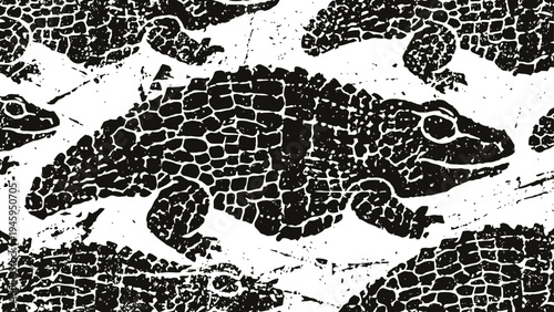 Alligator silhouette pattern reptile scales textured black and white background animal skin mosaic design