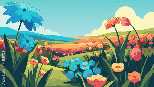 Vibrant vector illustration of a beautiful blooming meadow filled with diverse flowers under a clear sky and rolling hills, perfect for nature-themed designs