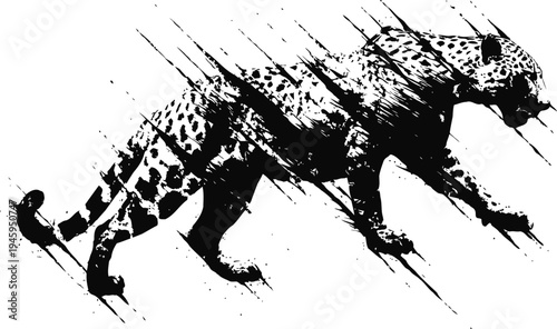 Leopard silhouette with dynamic streaks and abstract grunge effect in black and white design