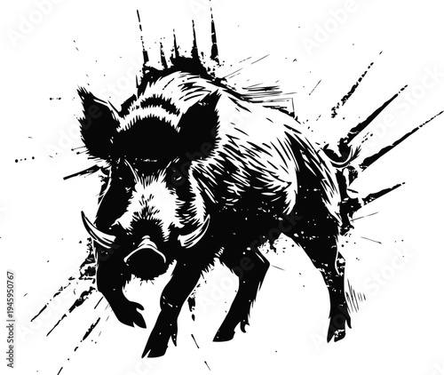 Wild boar illustration with dynamic splash effect, aggressive animal tattoo black and white design