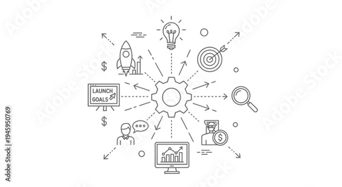 Central gear mechanism illustrates interconnected business processes including launch goals, idea generation, financial tracking, and team communication for strategic development.