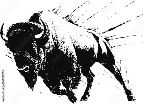 Powerful charging bison in dynamic black and white silhouette with motion lines