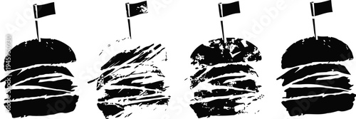Four hamburger silhouettes with flag picks in a row on white background