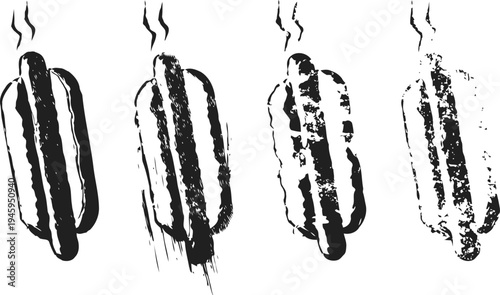 Grunge hot dog illustrations with steam, fast food, street food, barbecue and casual meal design