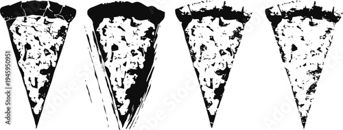 four hand drawn pizza slices with cheese and toppings isolated on white background