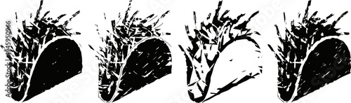 Four black silhouette tacos with lettuce and vegetables in a row on white background