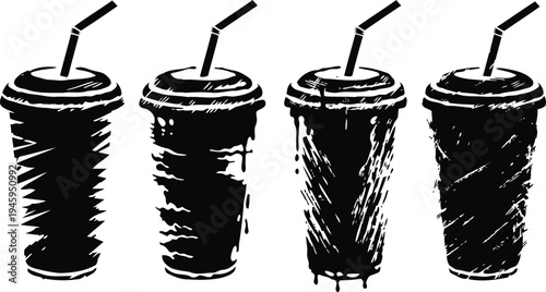 Four black and white sketch disposable cups with lids and straws arranged in a row