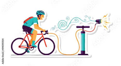 Cyclist inflating bicycle tire with air pump