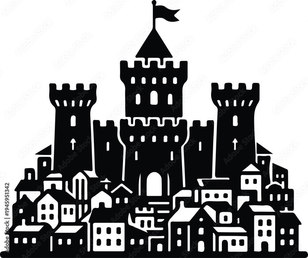 Obraz premium Fantasy Medieval Castle Silhouette With Flagged Tower, Black silhouette illustration of a large medieval fantasy castle with towers, central flag, and small village houses forming a fairytale kingd