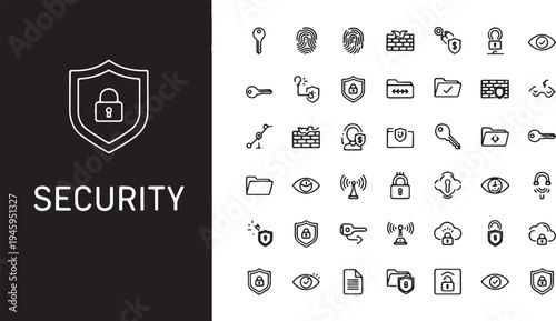 Security icons set with shield lock key and eye symbols for protection and safety concepts in business and technology