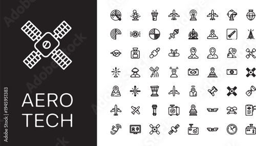 Aero tech icons collection satellite aircraft and technology symbols in black and white