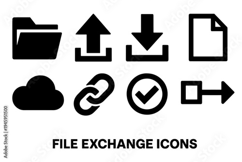 Brutalist File Exchange Icons. File Exchange silhouette set: folder icon, upload arrow, download arrow, document page, cloud storage, link chain, approval check, data flow