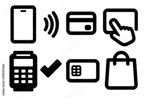 Brutalist NFC Payment Icons. NFC Payments silhouette set: smartphone, wireless signal, credit card, tap icon, terminal device, checkmark, chip card, shopping bag