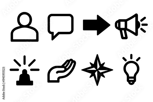Brutalist Leadership Icons. Leadership & Guidance silhouette set: leader icon, speech bubble, guiding arrow, megaphone, light ray, support hand, compass star, idea spark