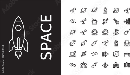 Space icons set with rocket ship and astronomy symbols black and white illustration for design and education