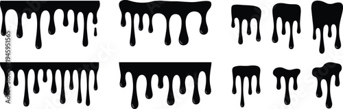 Black liquid drip shapes collection, dripping paint slime splash set, horror goo drops design elements isolated, flat vector illustration