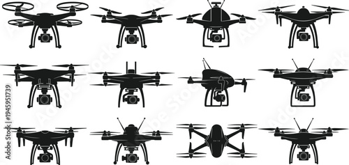 Black drone silhouette collection featuring various quadcopter models with cameras aerial technology icons and flying robot illustrations isolated on white.