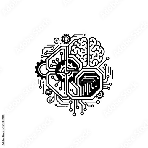 Circuit board brain with gears.