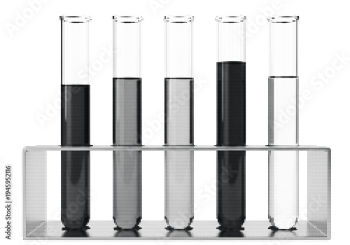Test tubes with layered dark liquids in grid holder
