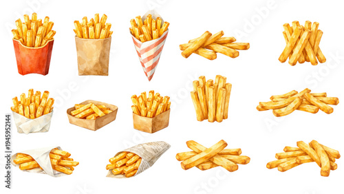 A watercolor collection of potato french fries for fast food menus, restaurant branding, snack packaging, and street food illustrations.