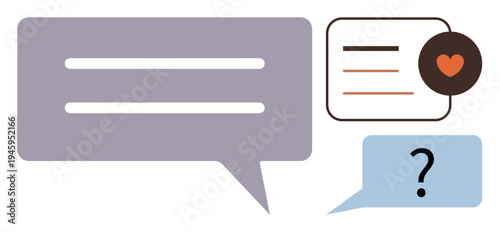 Social media, communication tools, online conversation, user interaction, digital messaging, customer feedback. Illustrated chat bubbles with question mark and heart icons. Communication tools