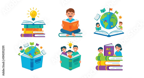 Illustrations depicting children reading books and learning about the world