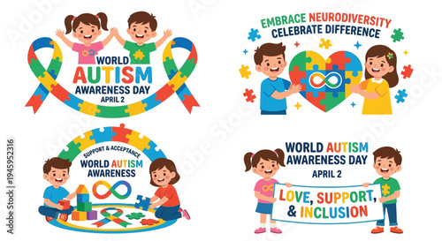 World autism awareness day illustrations featuring children and puzzle pieces