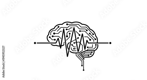 Brain with Electrocardiogram Line Drawing.