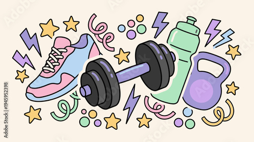 Cute Fitness Gym Doodle Collage Vector Illustration, Pastel Workout Sticker Design with Dumbbell