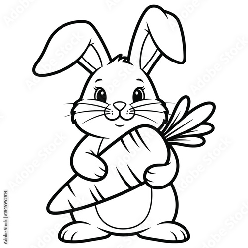 Adorable black and white outline drawing of a cute cartoon bunny happily clutching a large delicious carrot, perfect for coloring activities and spring themes