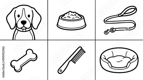 Minimalist black and white line art dog face bone comb leash food bowl and cushioned pet bed icons set