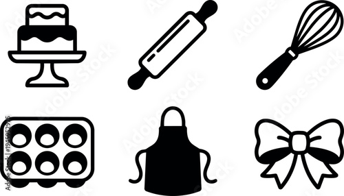 Black and white minimalist icon set of cake stand rolling pin whisk baking tray apron and decorative bow design