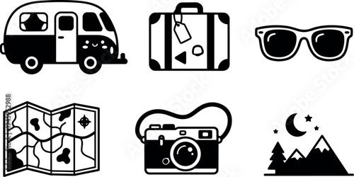 Black and white flat design camping icons with caravan luggage sunglasses map camera and night mountains vector set