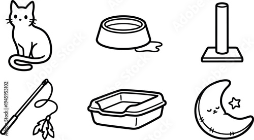Black line art cat with curled tail sitting next to spilled water bowl and scratching post with cat toy feather and cat litter box moon star elements