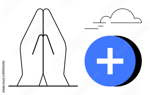Faith concept. Praying hands illustration paired with a blue health symbol and abstract cloud outline. Faith promoting wellness, spirituality, and connection to higher power. For healthcare