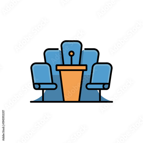 A simple graphic illustration of a conference room podium setup
