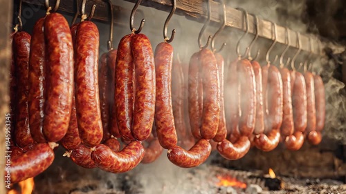 Hanging sausages smoked and ready for consumption culinary food preparation