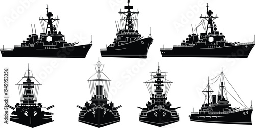 Black silhouette collection of modern naval warships and military battleships isolated on white background for marine navy and defense design,