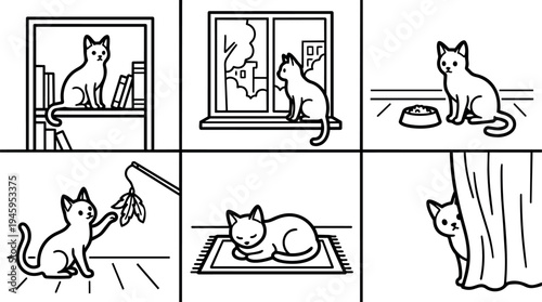 Minimalist black and white vector line art showing playful cat sitting reading sleeping and hiding inside a home environment