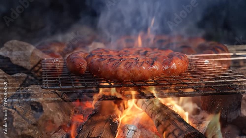 Sizzling cooked meat on grill above flames outdoor close up