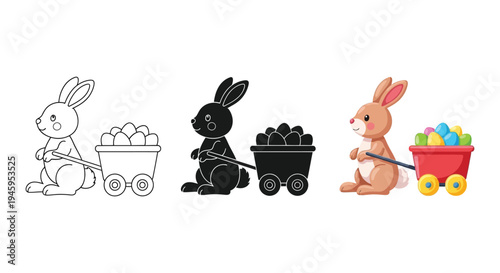 Adorable Easter bunny illustration set pulling a wagon filled with colorful holiday eggs