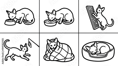Simple black and white line art vector of cat eating drinking scratching playing sleeping in bed and wrapped in blanket illustration