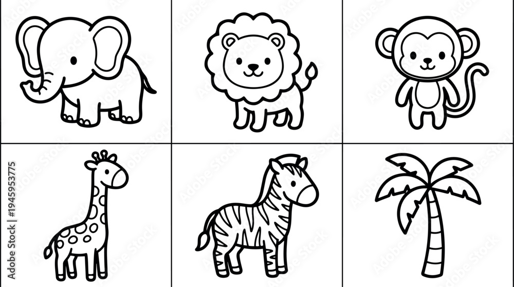 Fototapeta premium Cute black and white cartoon style elephant lion monkey giraffe zebra and palm tree simple line art vector icons